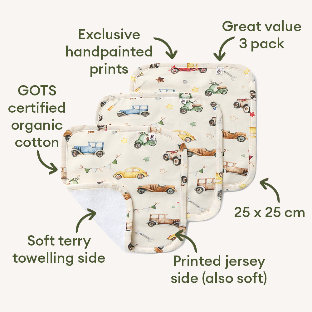 Vintage Car Organic Wash Cloth 3pk