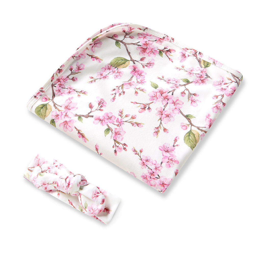 Cherry Blossom Organic Jersey Wrap & Beanie Set