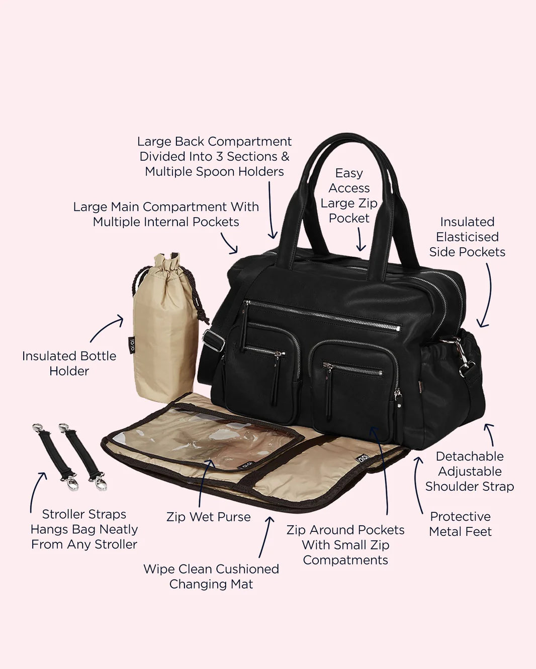 Carry All Nappy Bag - Black Vegan Leather