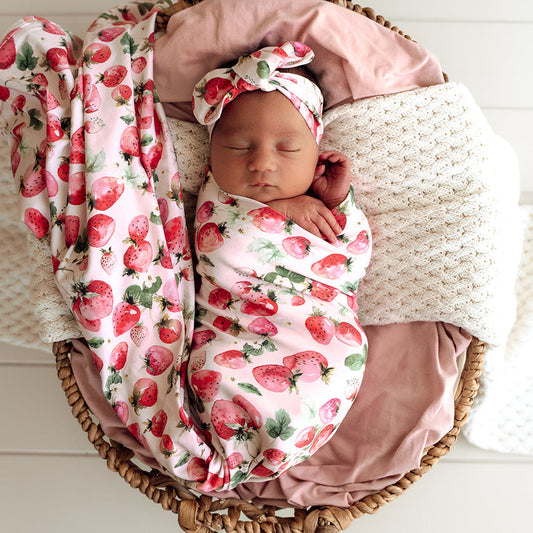 Strawberry Jersey Wrap & Beanie Set
